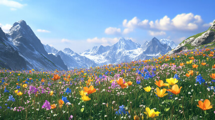 Fototapeta premium A vibrant display of spring flowers in the Alps, with majestic mountain ranges and clear skies creating a stunning backdrop.