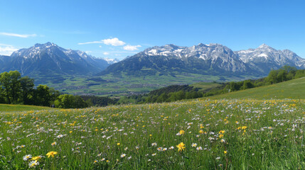 A panoramic view of the Alps with blooming wildflowers in the foreground, the mountains basking in the springtime sun.