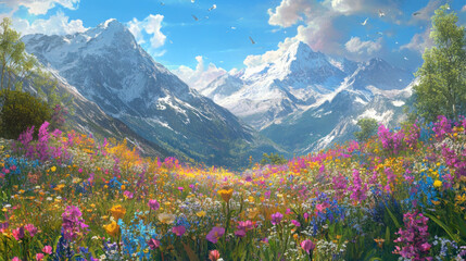 A colorful alpine spring scene with a variety of wildflowers in bloom, set against the backdrop of the majestic Alps.