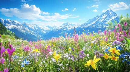 Fototapeta premium A colorful alpine spring scene with a variety of wildflowers in bloom, set against the backdrop of the majestic Alps.
