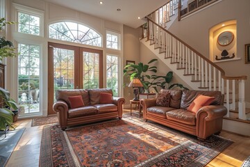 Fototapeta premium Bright, inviting living room with leather sofas, large windows, and intricate area rug, capturing a cozy and elegant atmosphere with abundant natural light and tasteful decor
