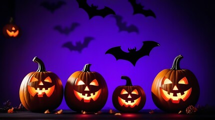 Naklejka premium halloween decorations purple background happy halloween concept flat lay pumpkins bony hands bat silhouettes spiders