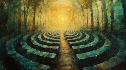 A Stone Pathway Leading to a Bright Light in a Forest