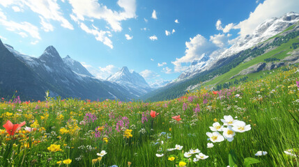 Fototapeta premium A vibrant springtime view in the Alps, with blooming flowers, green meadows, and towering mountains under a bright blue sky.