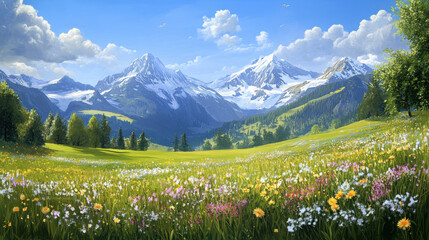 Fototapeta premium A peaceful alpine scene with blooming wildflowers, rolling green hills, and the majestic Alps standing tall in the background.