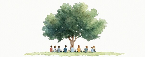 A serene gathering under a large tree, showcasing unity and harmony among diverse individuals in a peaceful landscape. watercolor style.