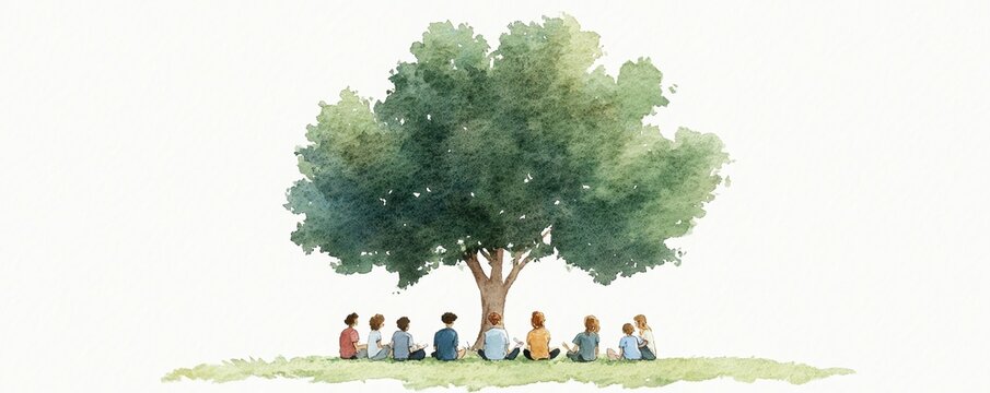 A serene gathering under a large tree, showcasing unity and harmony among diverse individuals in a peaceful landscape. watercolor style.