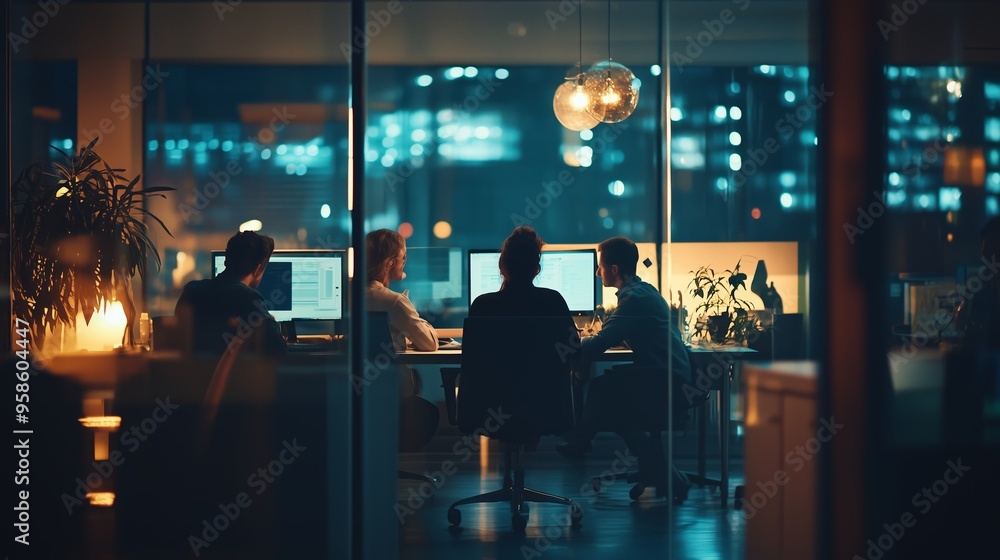 Poster team collaborating on a project in a modern office space during the evening with city lights visible