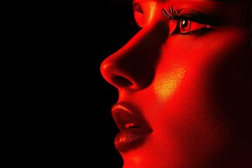 Close-up of a Woman's Face with Red Lighting and Glossy Skin