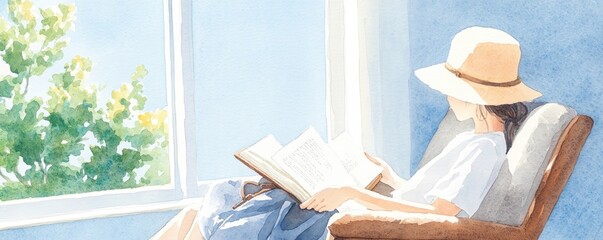 A serene scene of a woman reading a book by the window, enjoying the natural light and a peaceful afternoon. watercolor style.