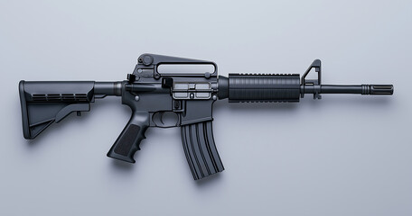 Assault rifle with a large magazine, on a white background, in a flat lay arrangement.