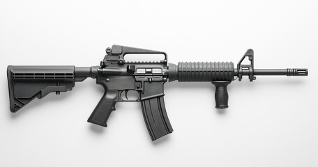 Assault rifle with a large magazine, on a white background, in a flat lay arrangement.