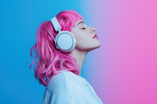 Woman with pink hair wearing white headphones, listening to music against a solid-colored background. 