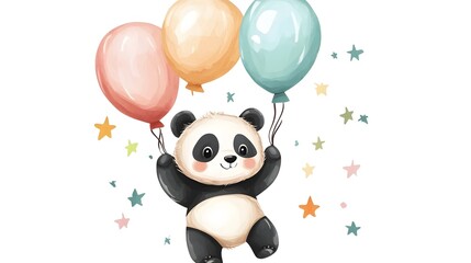 Naklejka premium Joyful Panda Holding Colorful Balloons for