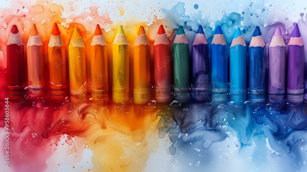 Poster a vibrant array of colored pencils arranged in a gradient, with watercolor splashes blending the col