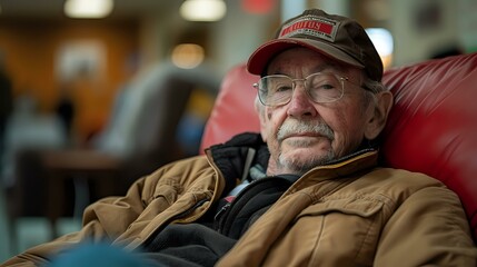 Obraz premium Portrait of an elderly man in a relaxed setting, wearing a cap and jacket, reflecting a life of experience and resilience. Ideal for themes of aging, character, and storytelling.