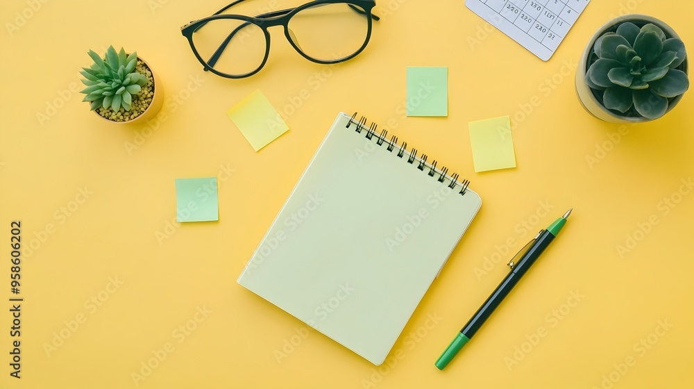 Poster organized desk setup with stationery and devices for productivity and