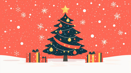 flat vector illustration A festive Christmas tree adorned with colorful ornaments and surrounded by presents against a cheerful red backdrop with falling snowflakes