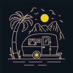 Summer Holiday with Camper Van Monoline Illustration 2