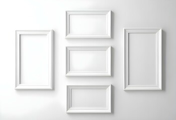 Three white picture frames on a white wall.