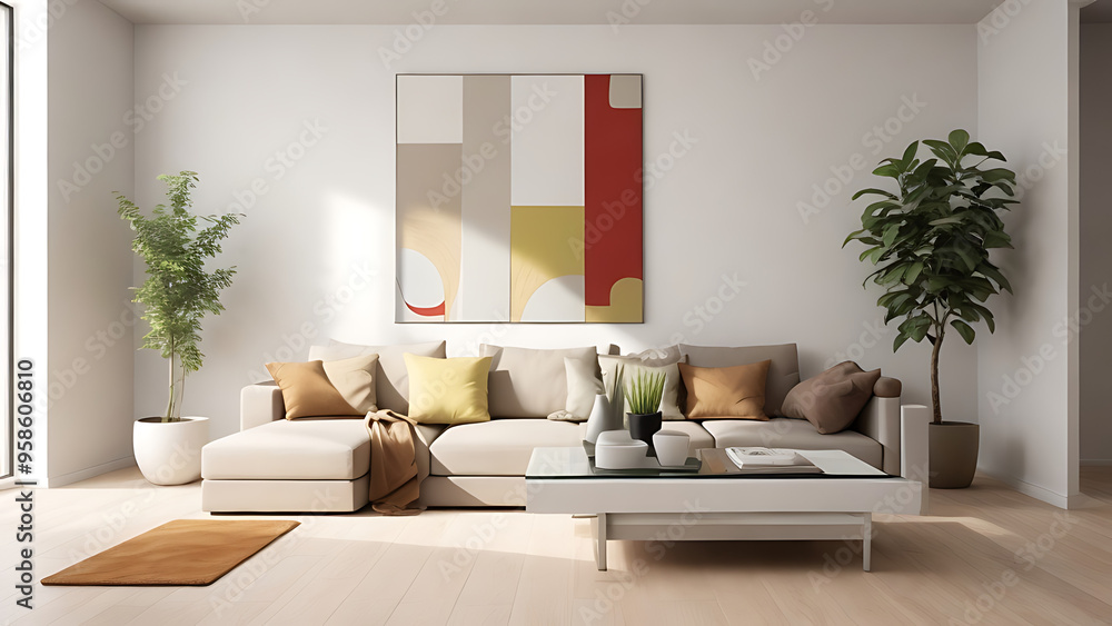 Wall mural a modern living room features sleek lines, chic furnishings, minimal decor, and bright, elegant acce