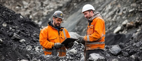 Two miners checking progress on a mining site, surrounded by equipment and excavation details, clear communication