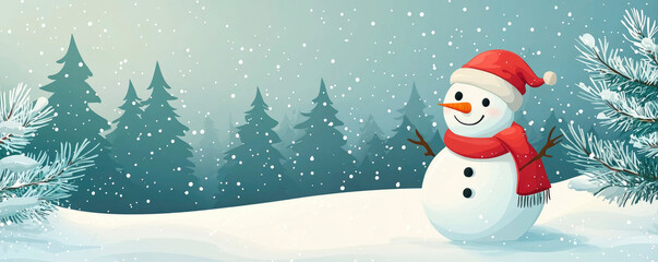 Fototapeta premium Flat vector illustration. Joyful snowman in red hat and scarf surrounded by softly falling snow in peaceful winter landscape with tall evergreen trees.