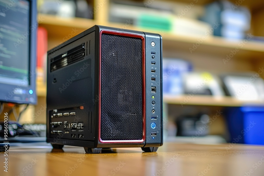 Poster black computer tower with red trim and mesh ventilation
