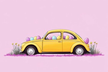 A cheerful yellow car is playfully topped with vibrant Easter eggs, set against a soft lilac backdrop, embodying the spirit of spring and holiday joy