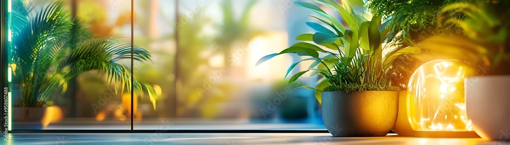 Poster Plants in pots with blurred city background.