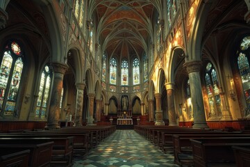 Fototapeta premium A beautifully captured interior of a grand cathedral showcasing intricate stained glass windows, soaring arches, and elegant architectural details bathed in warm sunlight