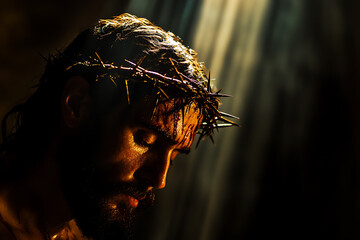  Jesus Christ is illuminated by a single beam of light from above, highlighting His serene face and the crown of thorns on His head