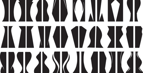collection of abstract, black and white shapes resembling vases or vessels. The shapes vary in height, width, and curvature.