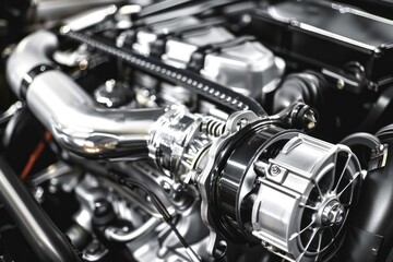 Obraz premium Close-up of a car engine with metallic components. Automotive and engineering concept.