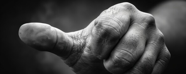 A detailed grayscale close-up photograph of a human thumb highlighting the intricate fingerprint patterns and textured skin surface against a blurred background