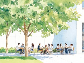 A vibrant outdoor scene with people enjoying a sunny day at tables under lush trees, engaging in conversation and study. watercolor style.