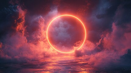 Glowing orange neon circle in a dark cloudy sky reflecting on a water surface.