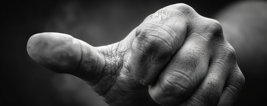 A detailed grayscale close-up photograph of a human thumb highlighting the intricate fingerprint patterns and textured skin surface against a blurred background