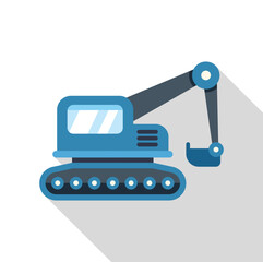 Blue excavator digging with its scoop, construction machinery icon