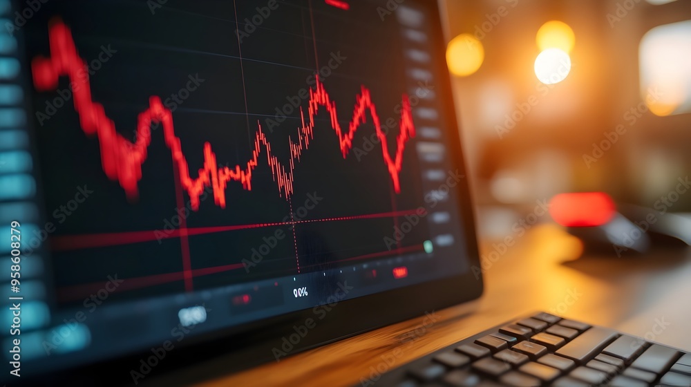 Aufkleber market trading graph and chart on computer screen showing financial data and investment trend