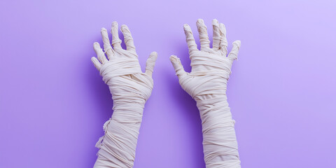Obraz premium Mummified scary hands for halloween, wrapped in bandages, on purple background. Halloween, mummy costume