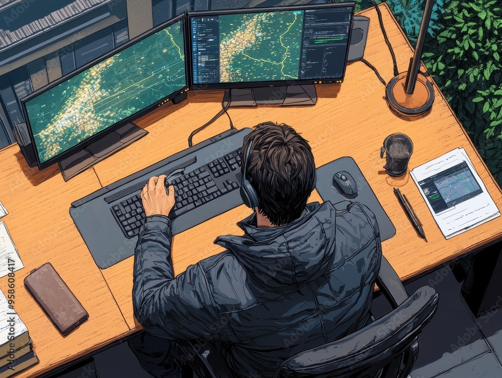 Poster a focused individual working on dual monitors at a modern desk, demonstrating productivity and techn