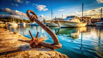 maritime, boating, boat, iron,rusty, metal, nautical, sea, docked, side, A close up shot of a rusty anchor attached to the side of a boat in a tranquil marina captured from a worm s eye view