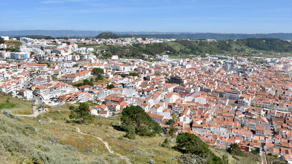 Hillside Atlantic Coast Town of Nazaré, Portugal on a Clear, Sunny Day