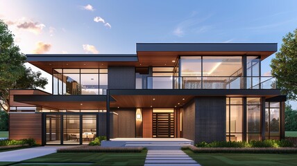 Fototapeta premium Modern house design with sleek architecture, large windows, and elegant outdoor space in a serene environment.