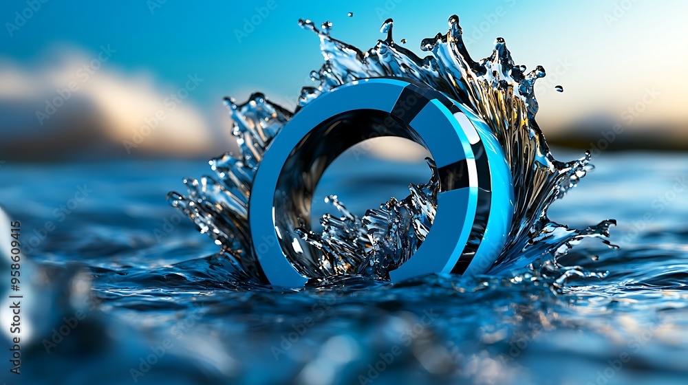 Poster an abstract blue ring splashing in water, creating a mesmerizing and fluid motion.