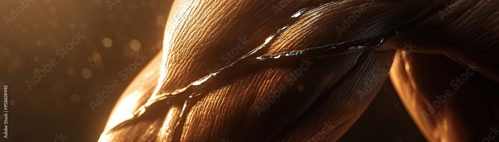 Poster a close-up view showcasing the strength and detail of a muscular arm illuminated by soft light, high