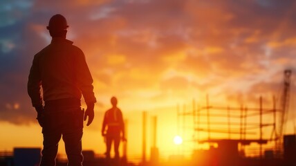 Fototapeta premium Silhouette of construction workers against a vibrant sunset, showcasing dedication and teamwork in a bustling work environment.