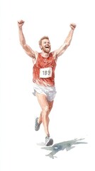 An athlete celebrates victory with arms raised, showcasing determination and joy after completing a race. watercolor style.