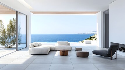 Fototapeta premium Stunning Modern Luxury Living Room with Breathtaking Ocean View